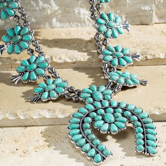 New Full Squash Blossom Natural Turquoise Stone Silver Western Necklace - Picture 2 of 5